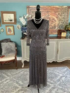 Pisarro Nights Beaded V-Neck Charcoal Evening Maxi Dress